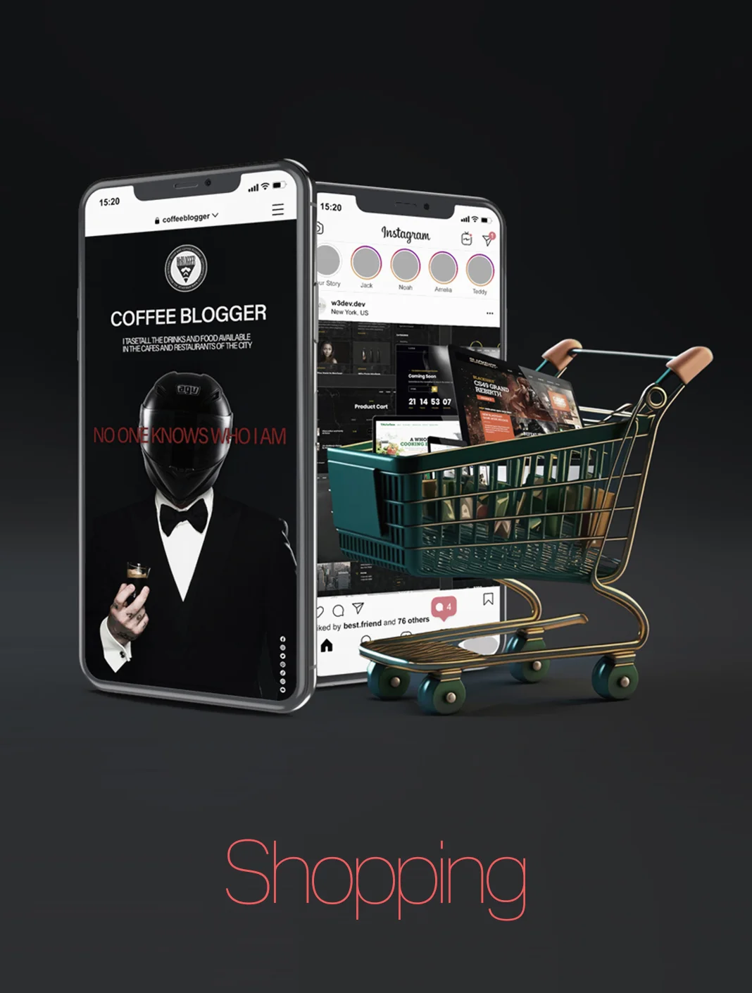 3d shopping cart icon near mobile appears when hover on Website Templates text